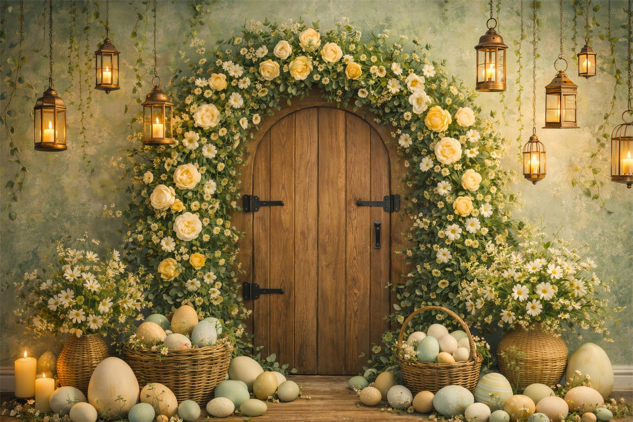 Easter Egg Photo Backdrop Floral Arch Rustic Door My First Easter Backdrop LXX61-81