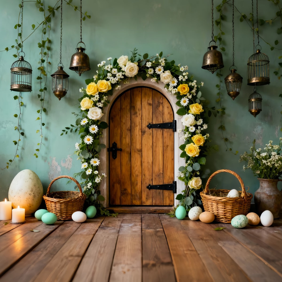 Easter Egg Photo Backdrop Wooden Door Floral Arch My First Easter Backdrop LXX61-82