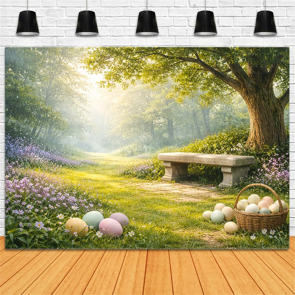 Rustic Easter Backdrop Sunlit Forest Meadow Bench Outdoor Easter Backdrops LXX61-83
