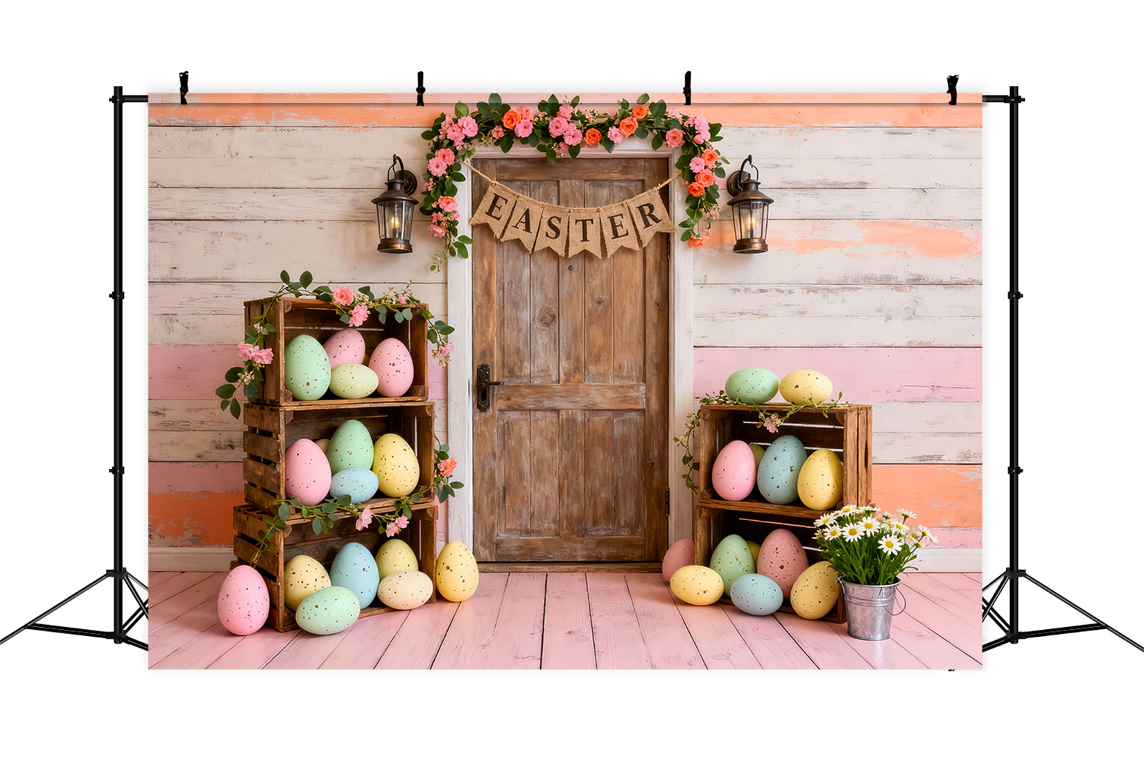 Easter Eggs Backdrop Pastel Crate Wooden Door Easter Party Backdrop LXX61-84