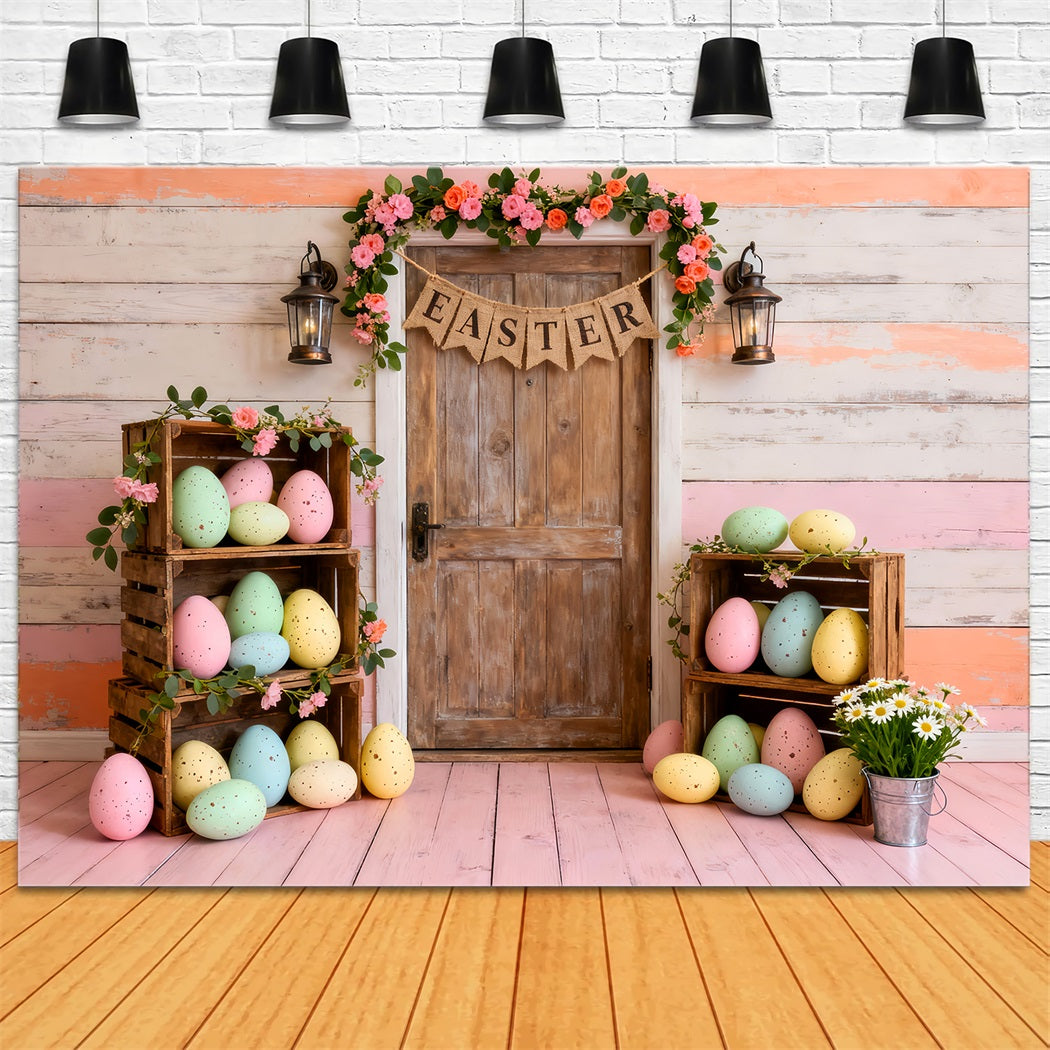 Easter Eggs Backdrop Pastel Crate Wooden Door Easter Party Backdrop LXX61-84