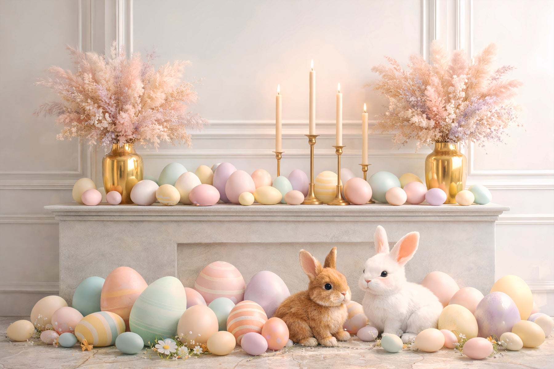Easter Eggs Backdrop Elegant Mantel Bunny Retro Wall Easter Backdrop Photo LXX61-86