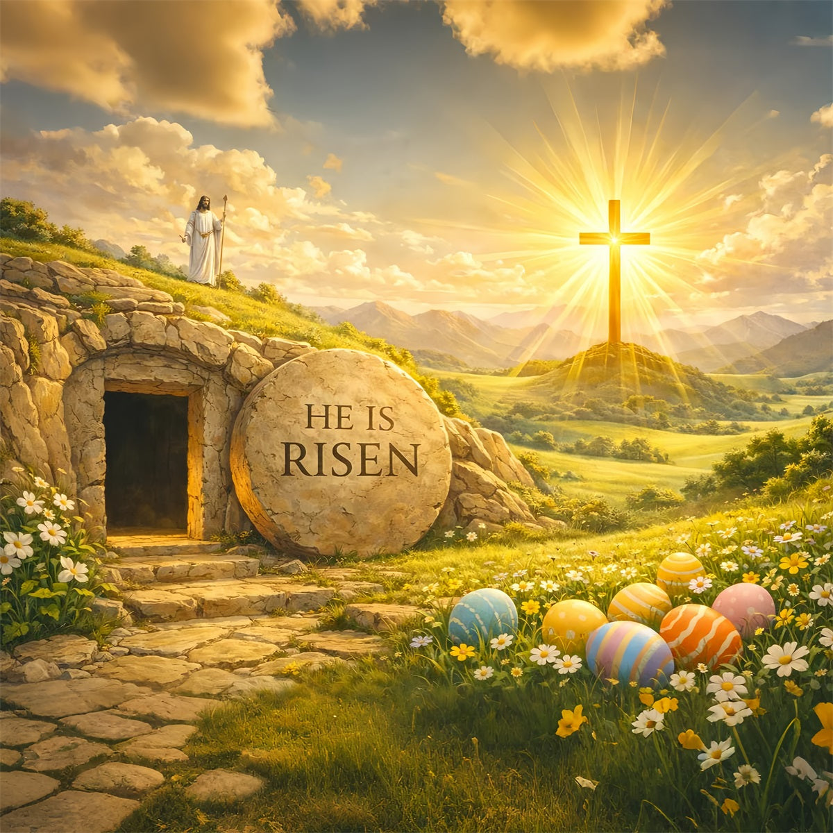 Easter Tomb Backdrops He is Risen Resurrection Cross Easter Photoshoot Backdrop Ideas LXX61-88