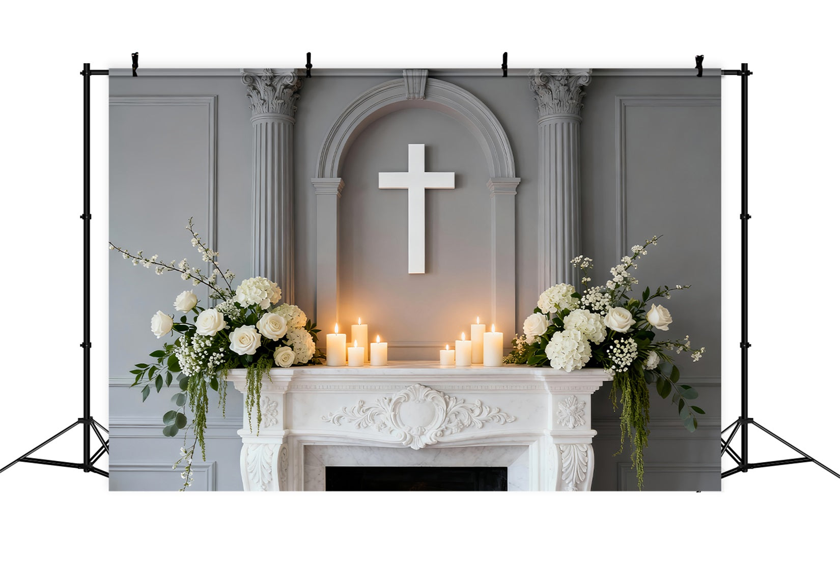 Church Backdrop For Easter Elegant Altar White Cross Photography Backdrops For Easter LXX61-89