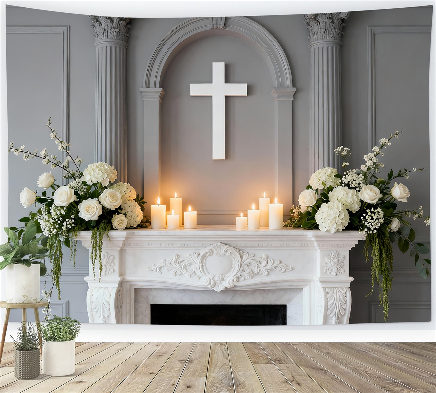 Church Backdrop For Easter Elegant Altar White Cross Photography Backdrops For Easter LXX61-89