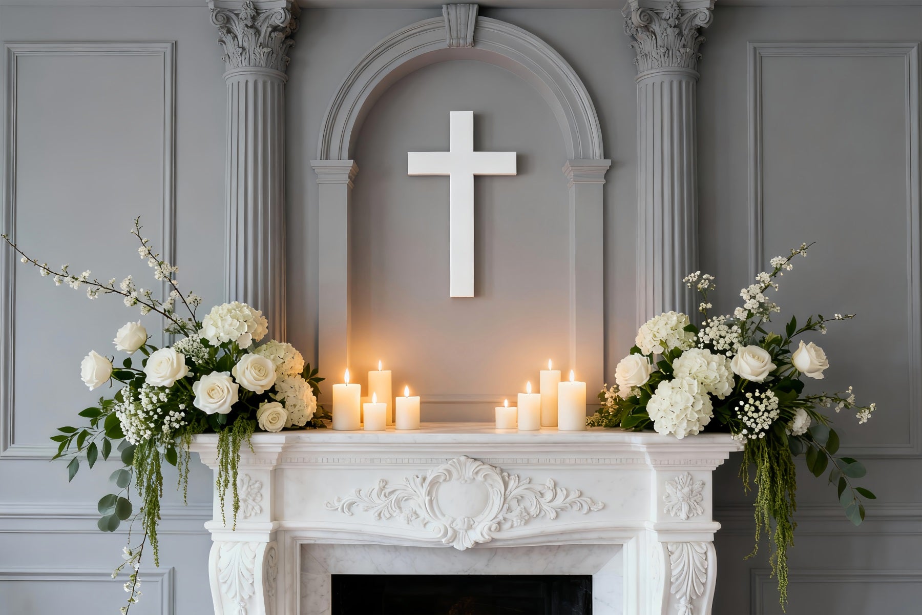 Church Backdrop For Easter Elegant Altar White Cross Photography Backdrops For Easter LXX61-89