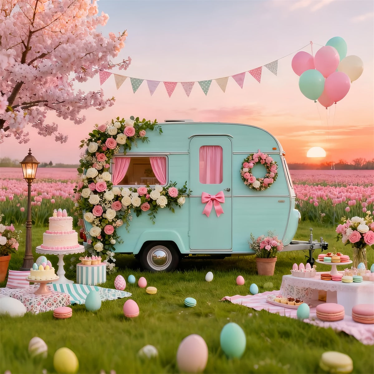 Egg Backdrop Vintage Floral Caravan Picnic Backdrop Ideas For Easter Pictures LXX61-91