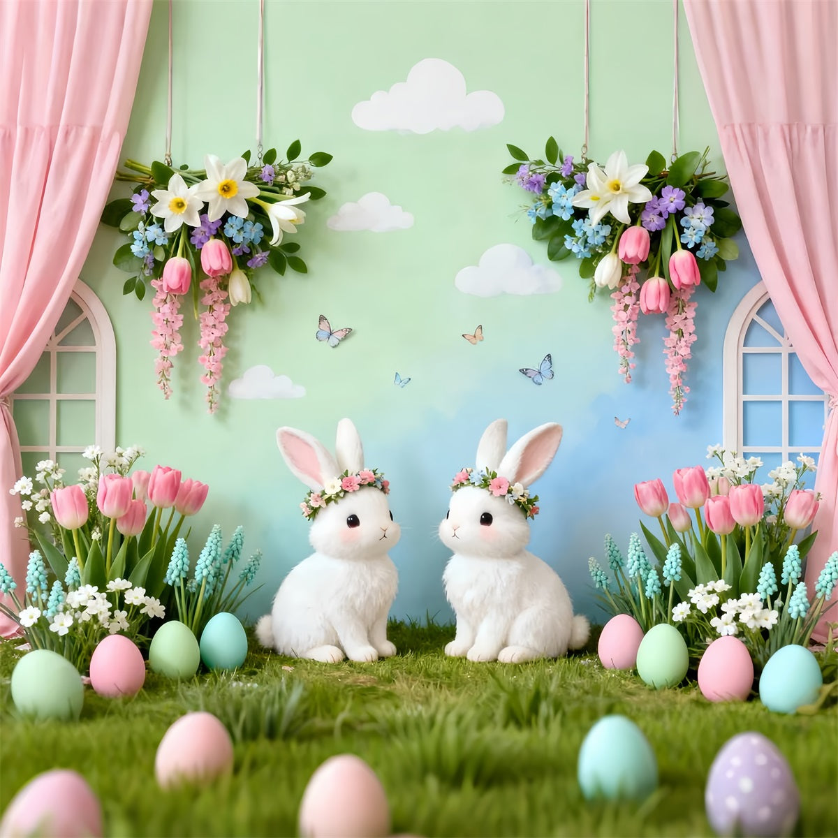 Rabbit Backdrop Twin Bunnies Floral Garden Easter Backdrops LXX61-94