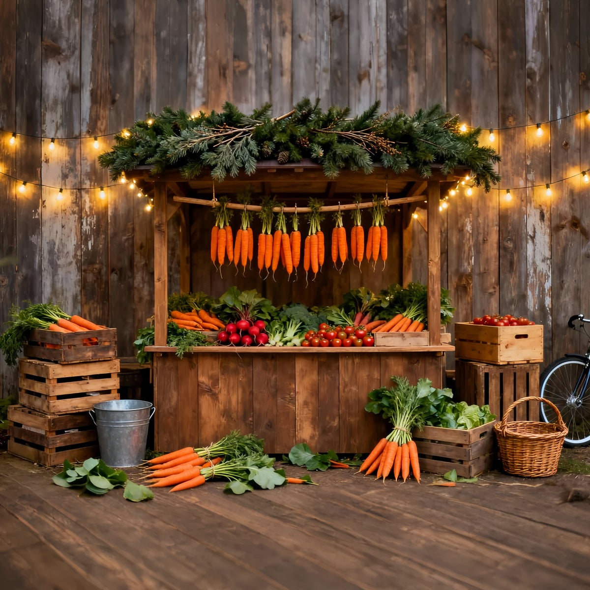 Carrot Backdrop Rustic Market Stall Fairy Lights Easter Photo Backdrops LXX61-97