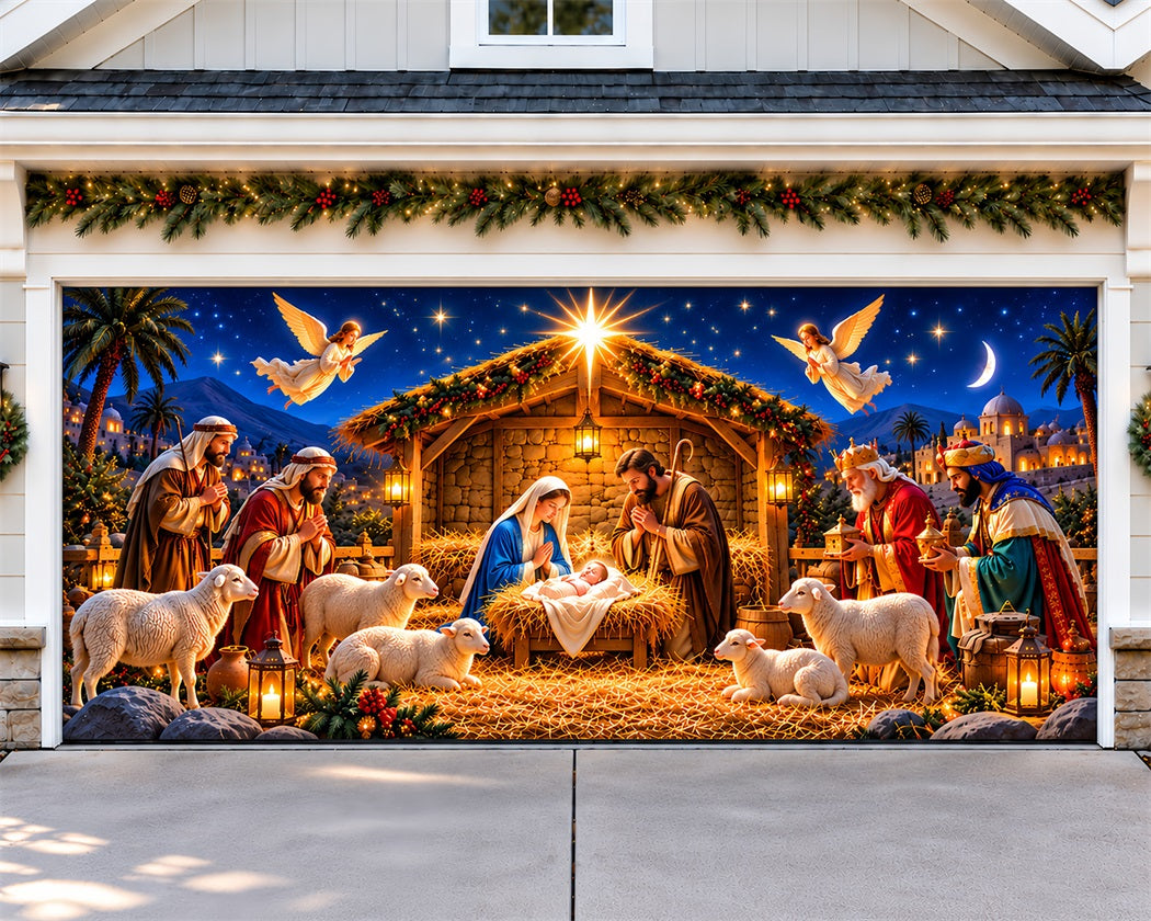 Nativity Christmas Garage Door Cover Manger Stable Starlight Christmas Garage Door Cover LXX610-1-2 Car