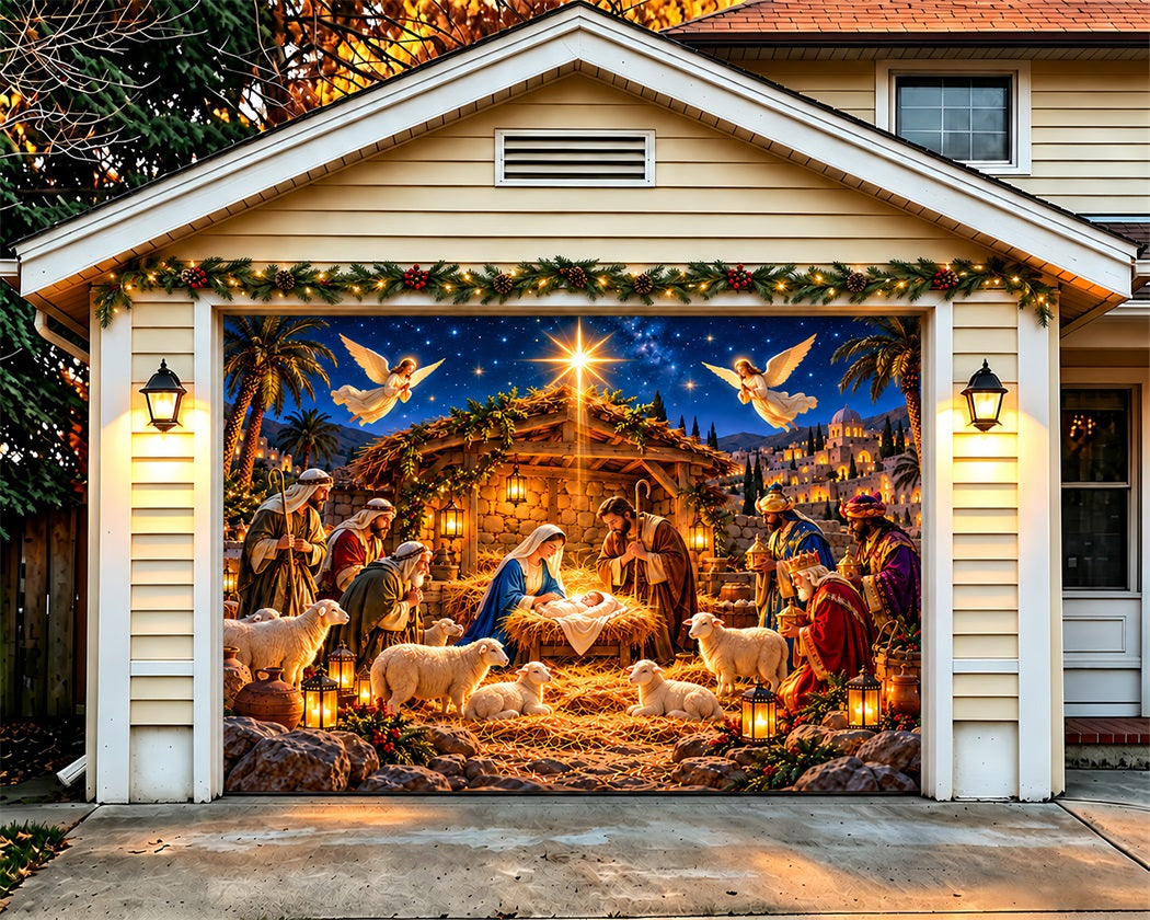 Nativity Christmas Garage Door Cover Manger Stable Starlight Christmas Garage Door Cover LXX610-1-1 Car