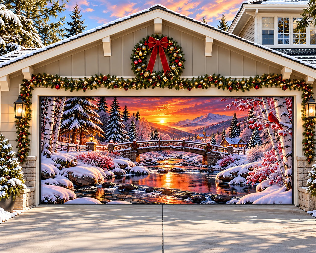Snow Forest Christmas Garage Door Cover Wonderland Sunset Bridge Christmas Garage Door Cover LXX610-10-2 Car