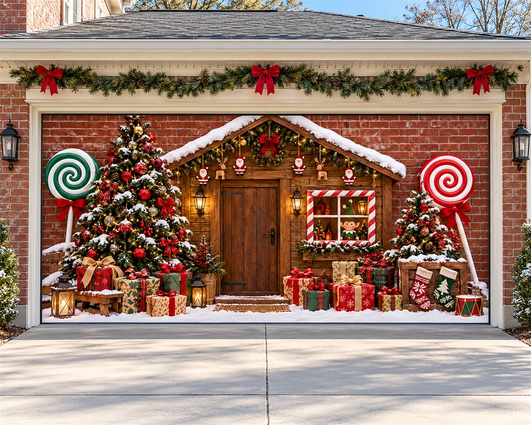 House Christmas Garage Door Cover Rustic Cabin Candy Christmas Garage Door Banner LXX610-112-2 Car