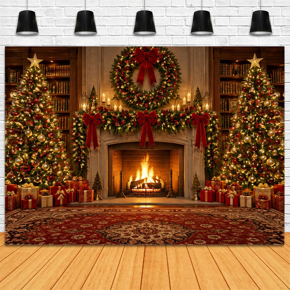 Christmas Backdrops for Photography Ornate Library Fireplace Wreath Christmas Fireplace Backdrop LXX610-151