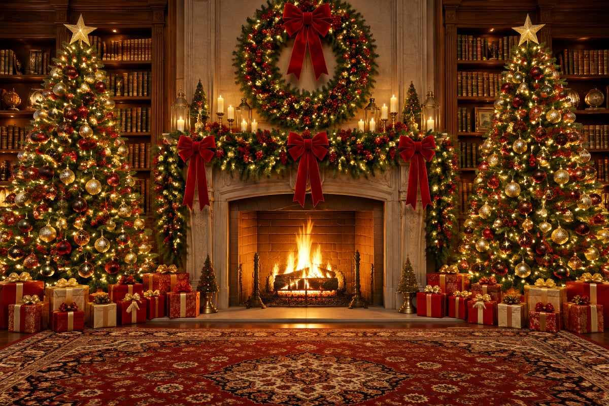 Christmas Backdrops for Photography Ornate Library Fireplace Wreath Christmas Fireplace Backdrop LXX610-151