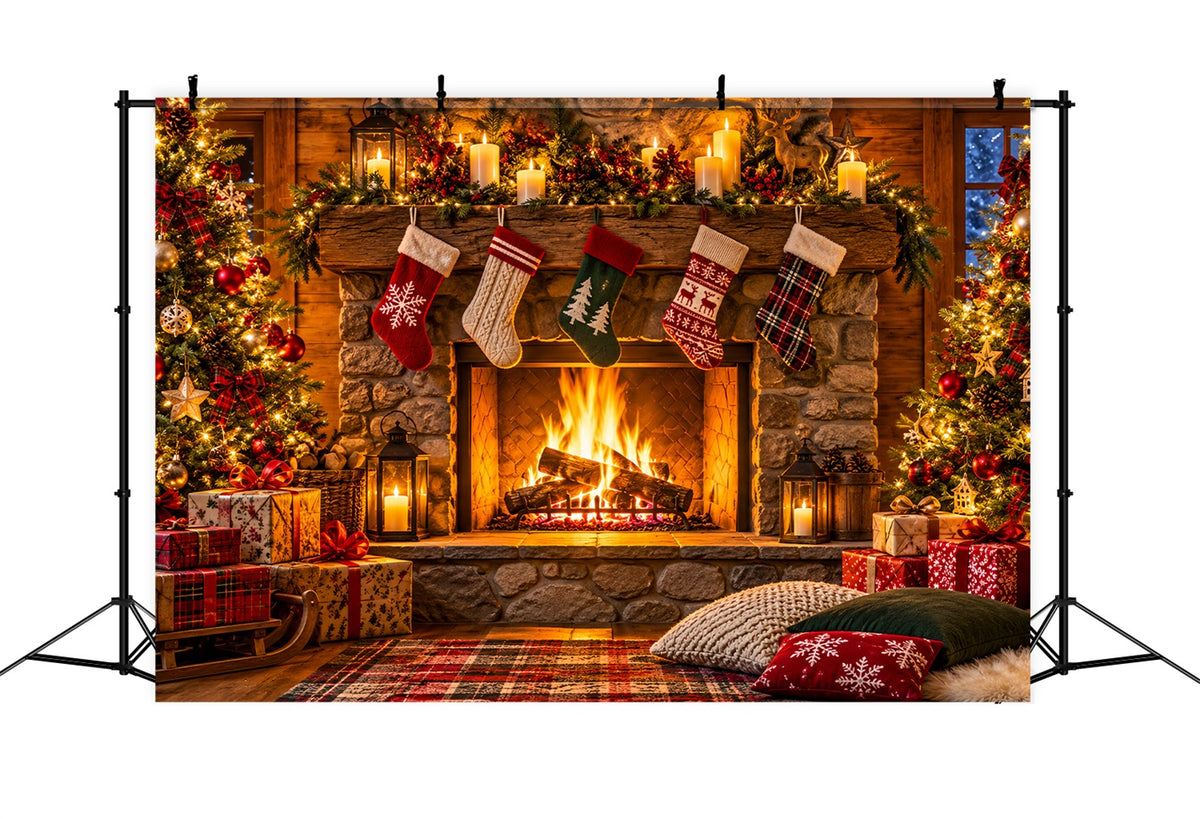 Christmas Fireplace Backdrop Rustic Room Stockings Christmas Backdrop for Photography LXX610-154