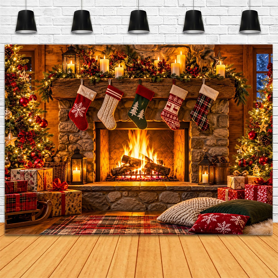 Christmas Fireplace Backdrop Rustic Room Stockings Christmas Backdrop for Photography LXX610-154