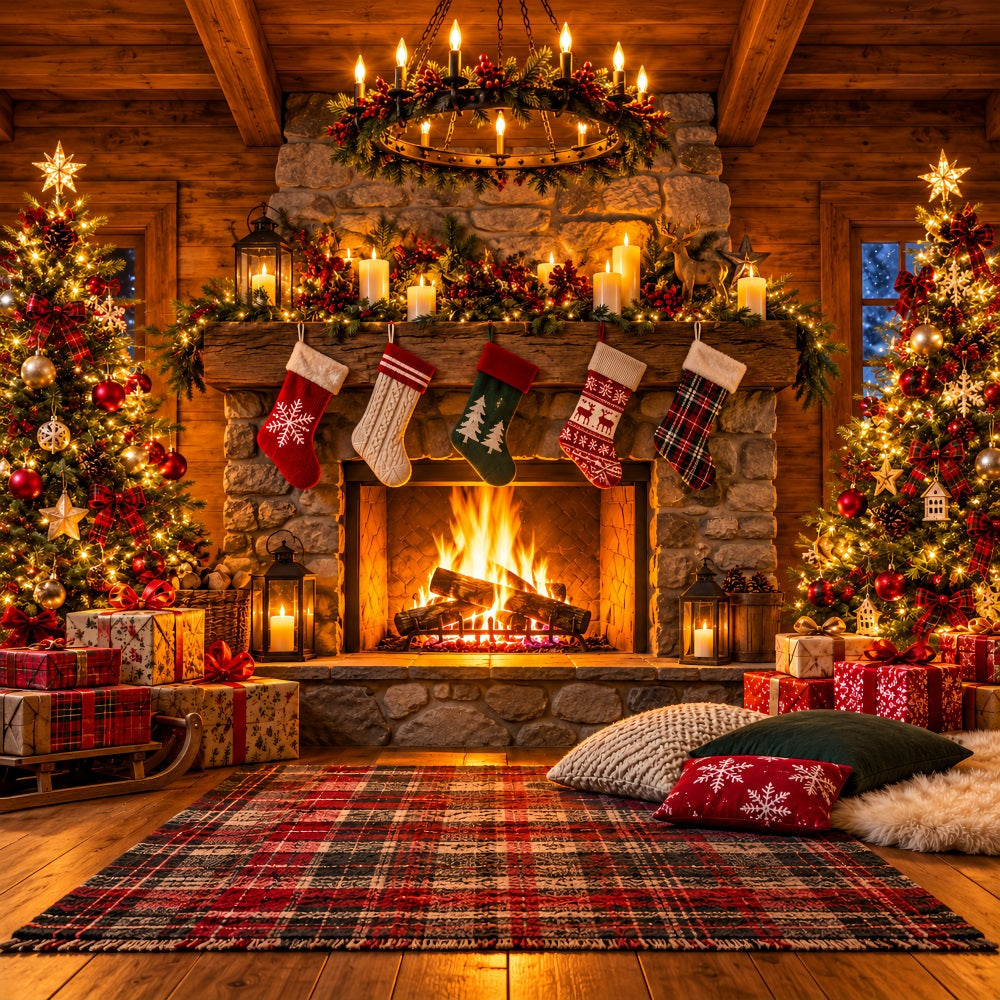 Christmas Fireplace Backdrop Rustic Room Stockings Christmas Backdrop for Photography LXX610-154