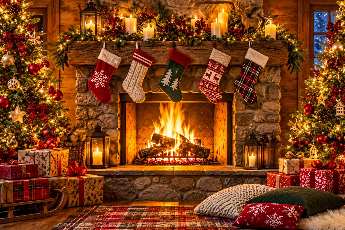 Christmas Fireplace Backdrop Rustic Room Stockings Christmas Backdrop for Photography LXX610-154