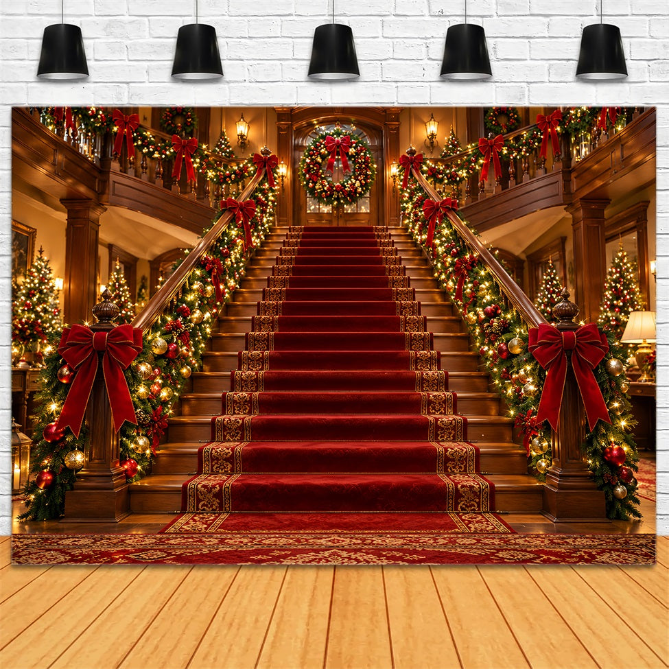 Christmas Scene Backdrop Grand Garland Hall Entrance Christmas Staircase Backdrop LXX610-155