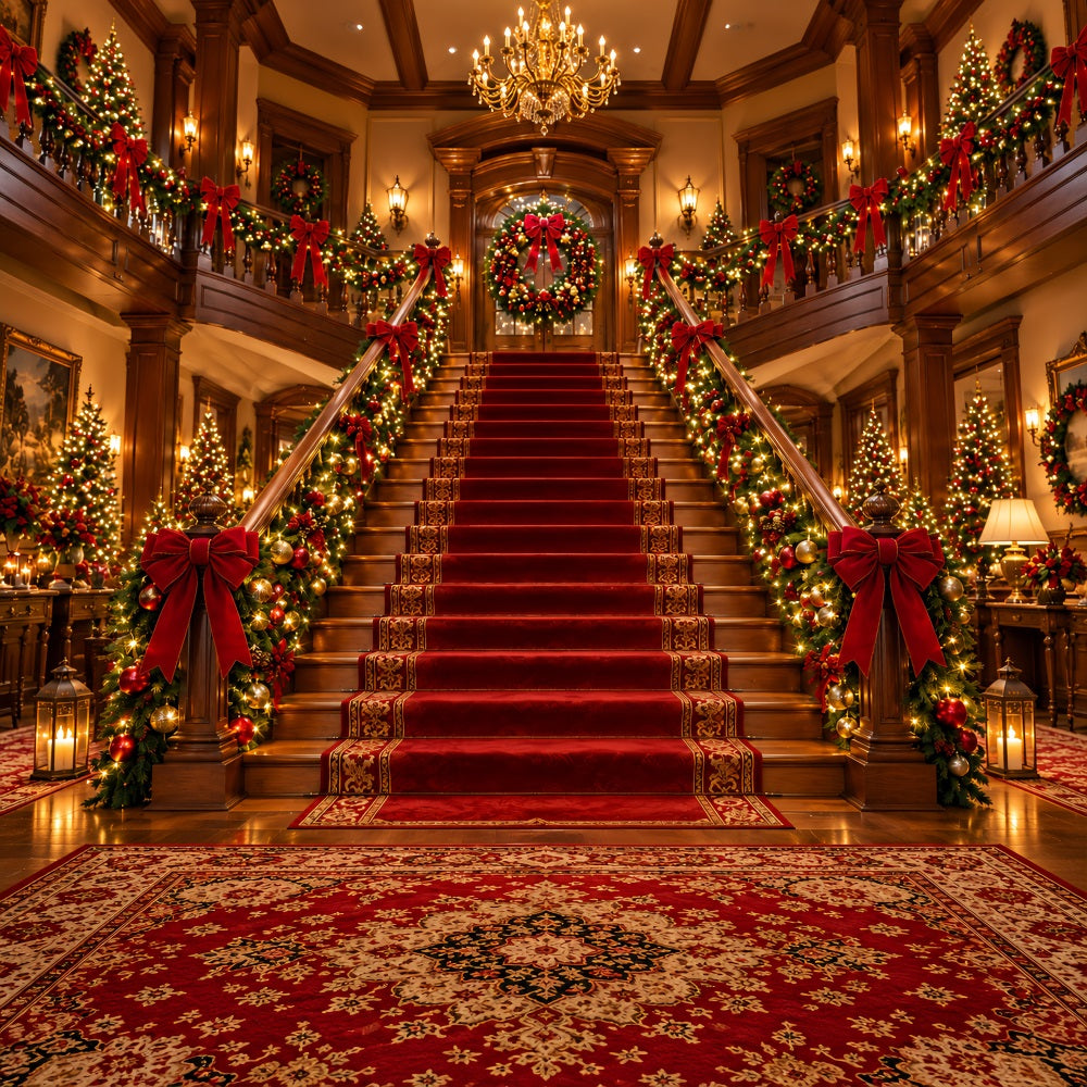 Christmas Scene Backdrop Grand Garland Hall Entrance Christmas Staircase Backdrop LXX610-155