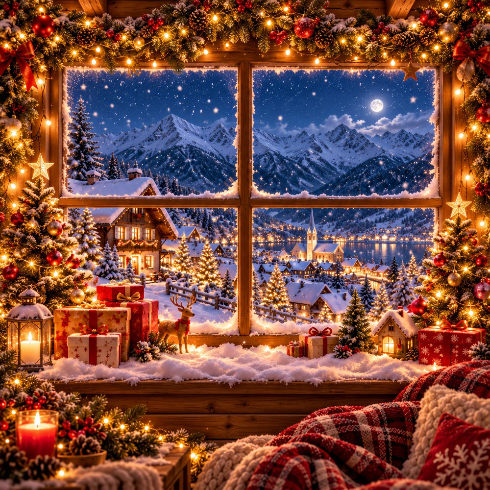 Winter Christmas Backdrop Snowy Alpine House Window Christmas Village Backdrops LXX610-157