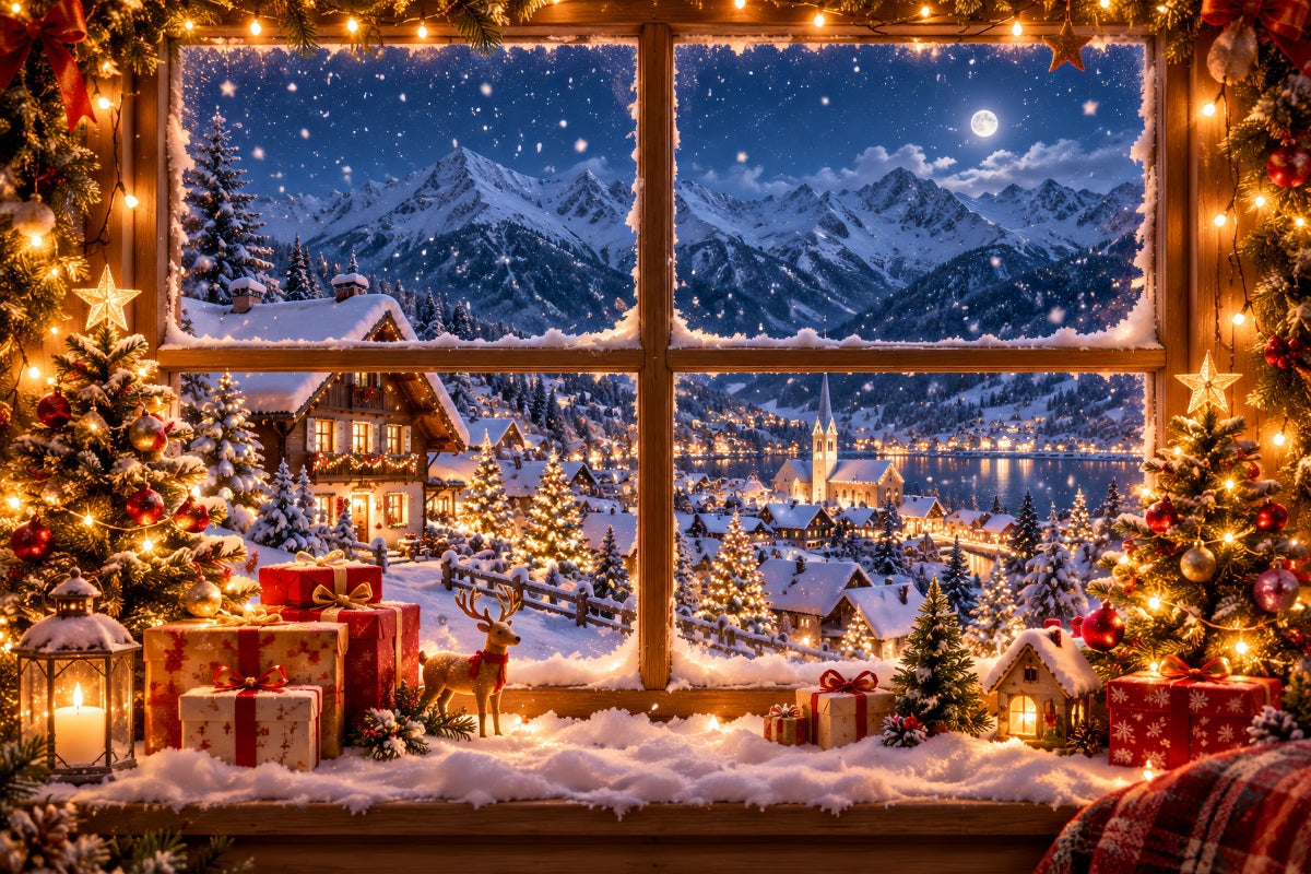 Winter Christmas Backdrop Snowy Alpine House Window Christmas Village Backdrops LXX610-157
