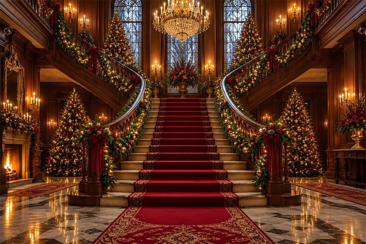 Living Room Christmas Backdrop Majestic Chandelier Staircase Hall Christmas Wall Backdrop LXX610-158