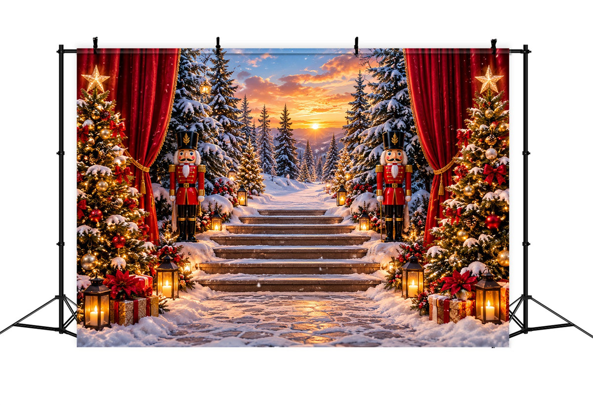 Christmas Theme Backdrop Forest Sunset Snowy Staircase Nutcracker Backdrops LXX610-159