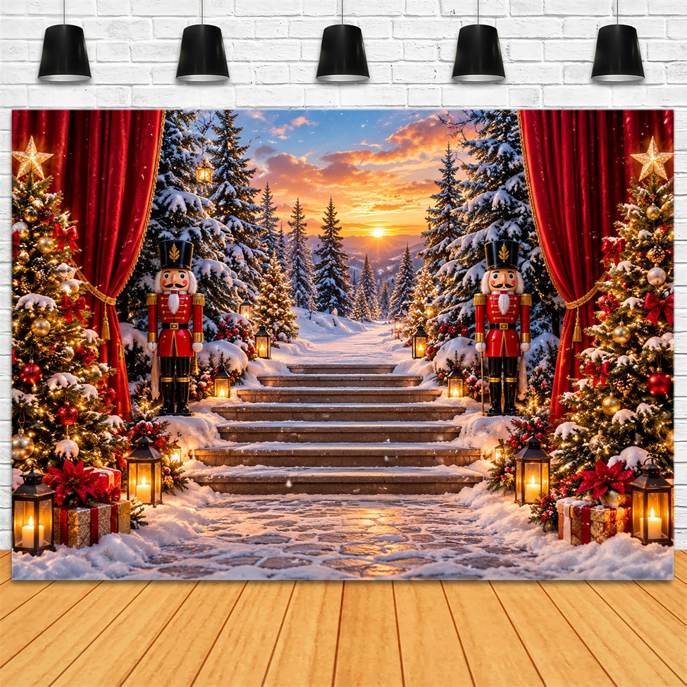 Christmas Theme Backdrop Forest Sunset Snowy Staircase Nutcracker Backdrops LXX610-159