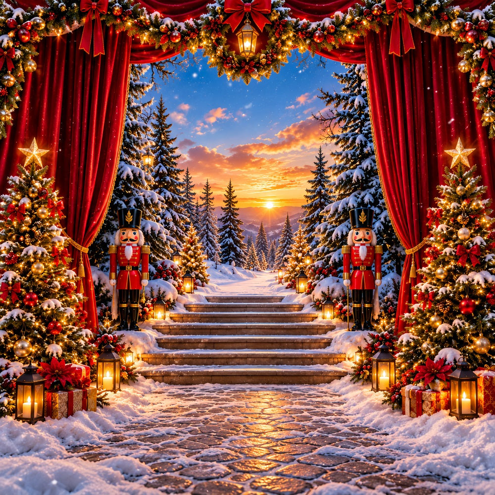 Christmas Theme Backdrop Forest Sunset Snowy Staircase Nutcracker Backdrops LXX610-159