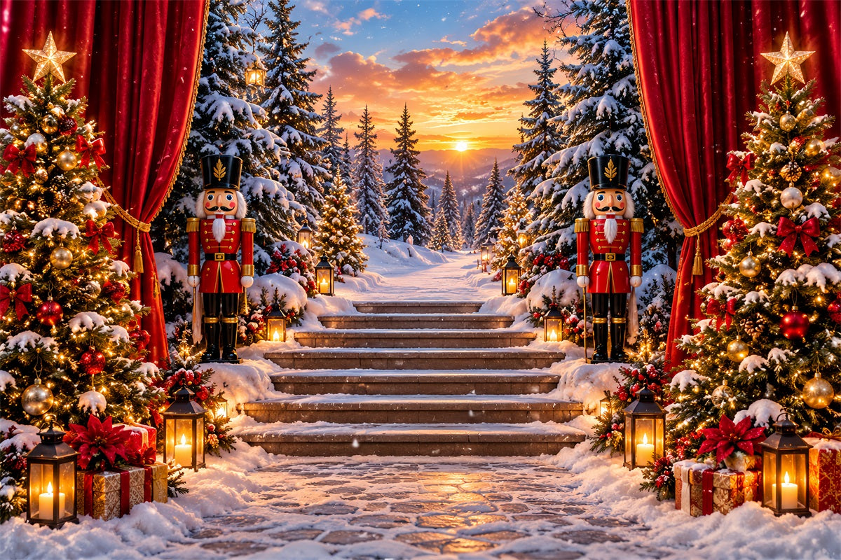 Christmas Theme Backdrop Forest Sunset Snowy Staircase Nutcracker Backdrops LXX610-159