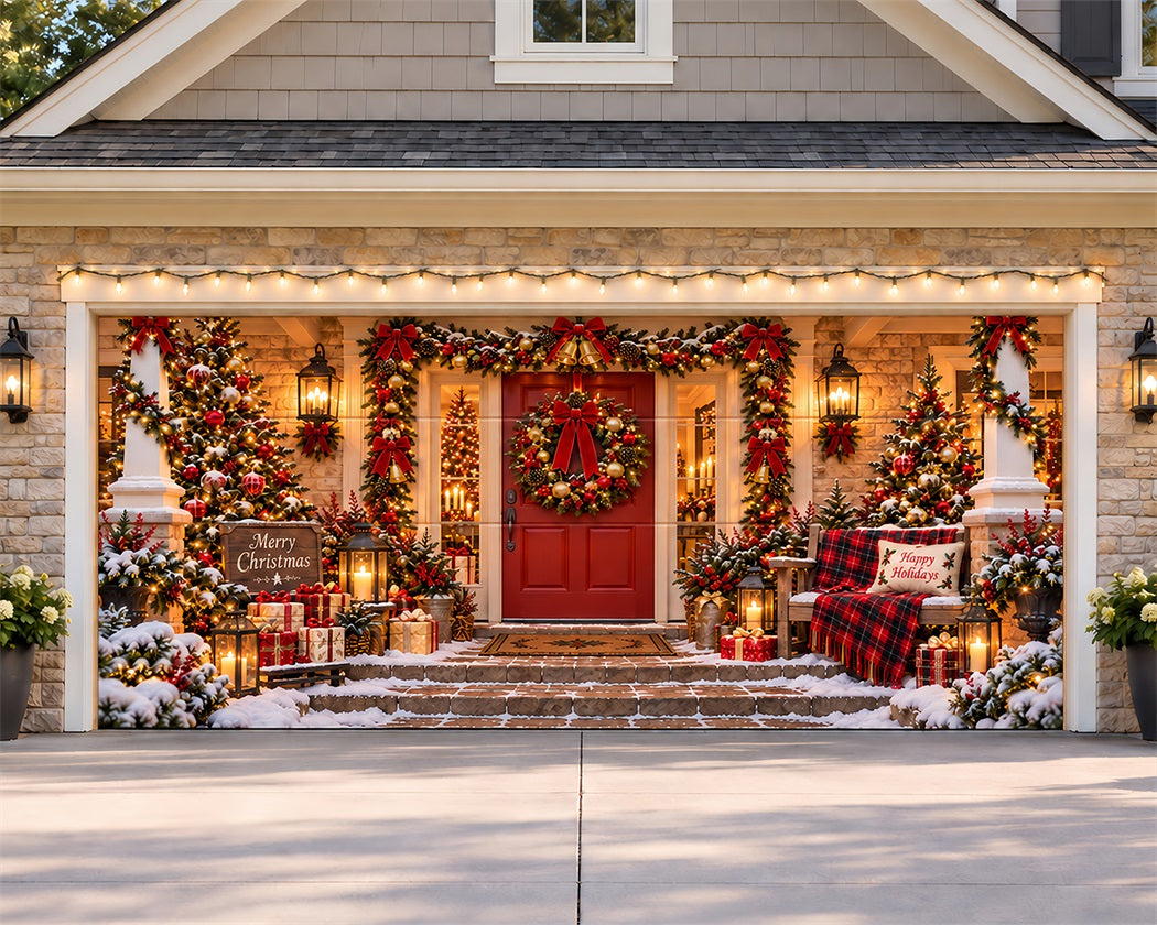 House Christmas Garage Door Cover Festive Wreath Entryway Christmas Holiday Garage Door Cover LXX610-16-2 Car