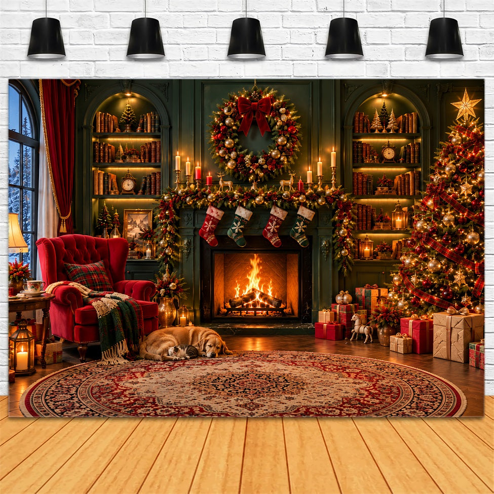 Christmas Fireplace Backdrops Cozy Living Room Emerald Wall Christmas Scene Backdrop LXX610-160