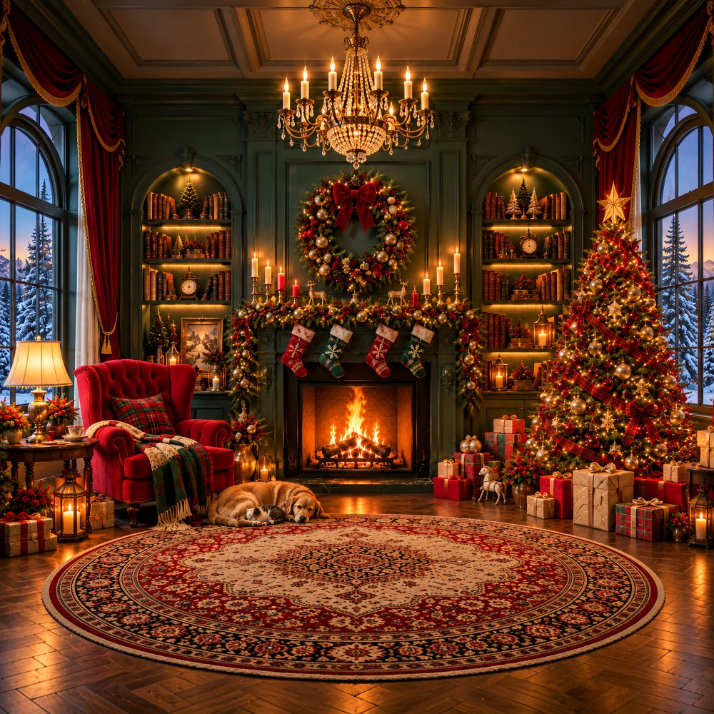 Christmas Fireplace Backdrops Cozy Living Room Emerald Wall Christmas Scene Backdrop LXX610-160
