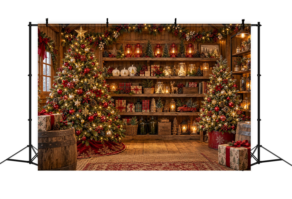 Christmas Store Backdrop Rustic Festive Wooden Shelves Christmas Backdrop for Pictures LXX610-165