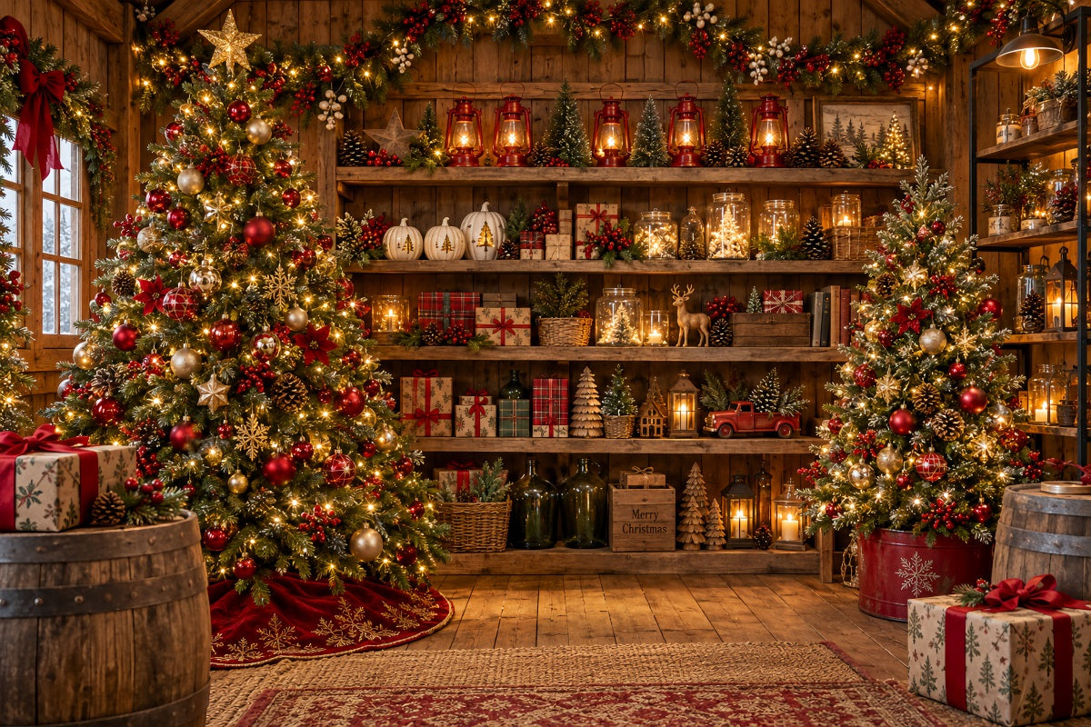 Christmas Store Backdrop Rustic Festive Wooden Shelves Christmas Backdrop for Pictures LXX610-165