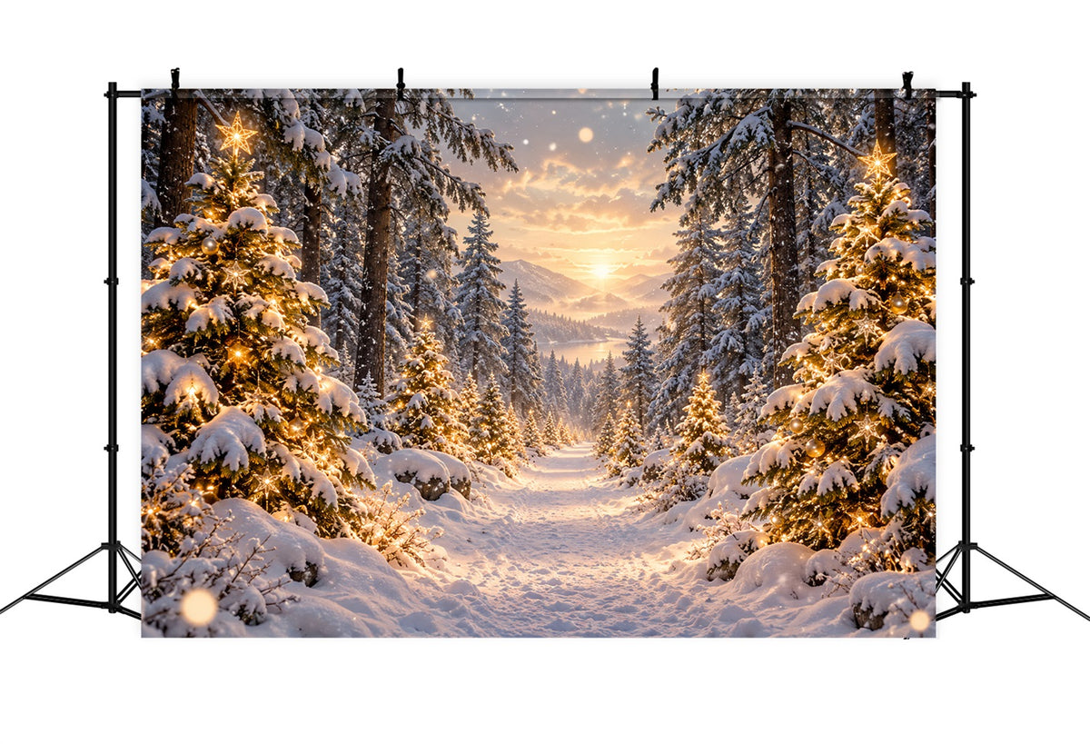 Christmas Tree Forest Backdrop Golden Sunset Snowy Trees Christmas Party Photo Backdrop LXX610-167