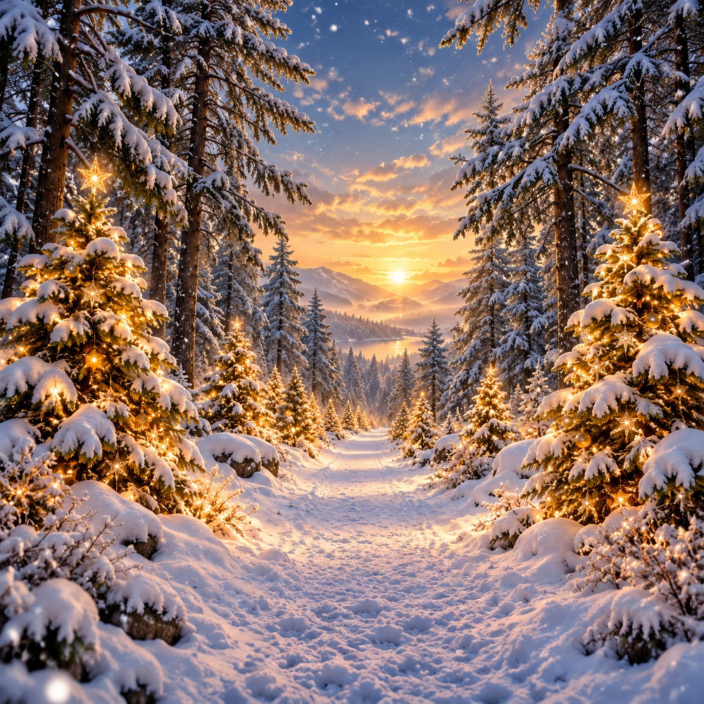 Christmas Tree Forest Backdrop Golden Sunset Snowy Trees Christmas Party Photo Backdrop LXX610-167