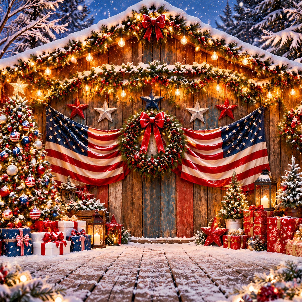 Country Christmas Backdrop Patriotic Flag Festive Doorway Christmas Tree Photography Backdrop LXX610-168