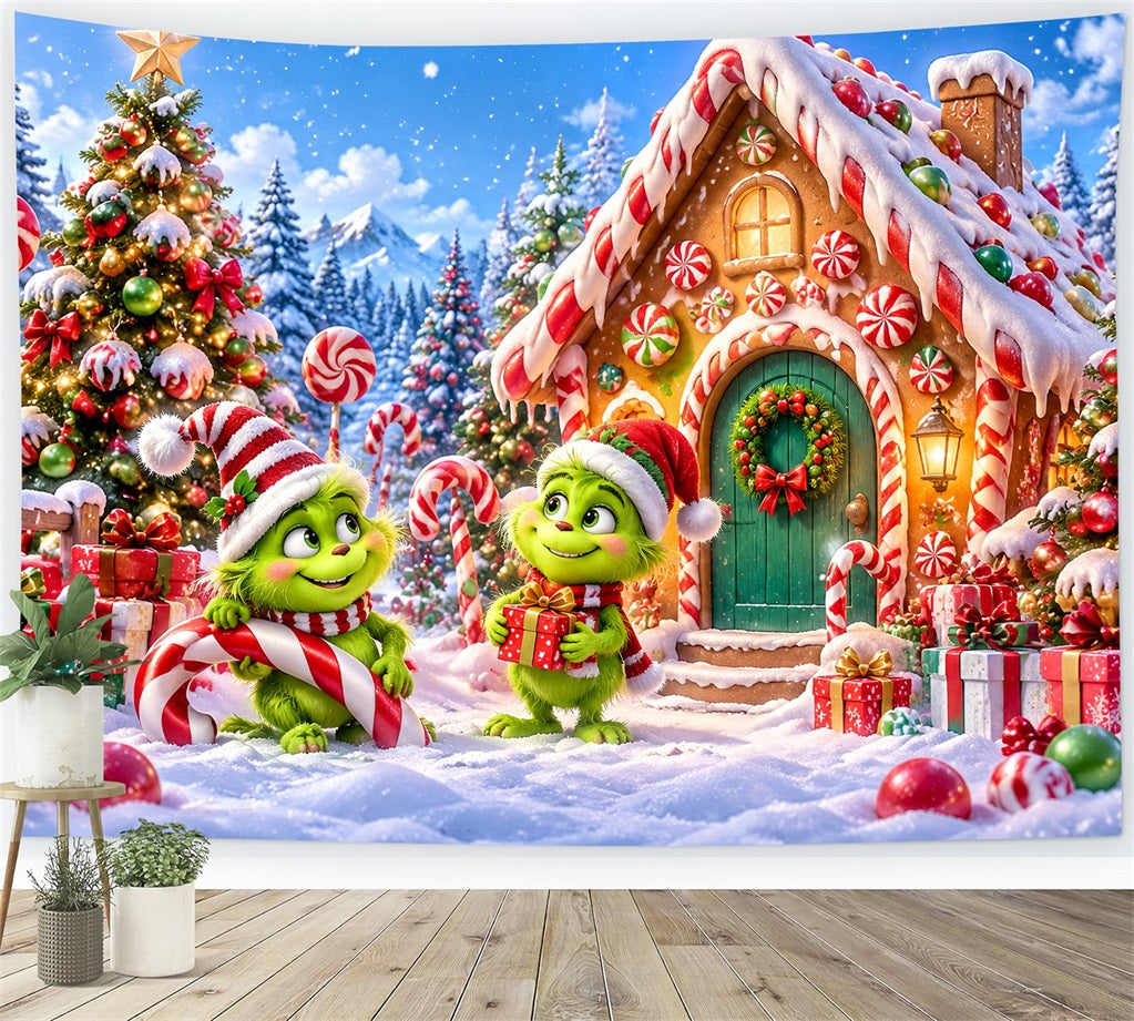 Grinch Backdrop Green Furry Candy Cottage Christmas Backdrops for Pictures LXX610-170
