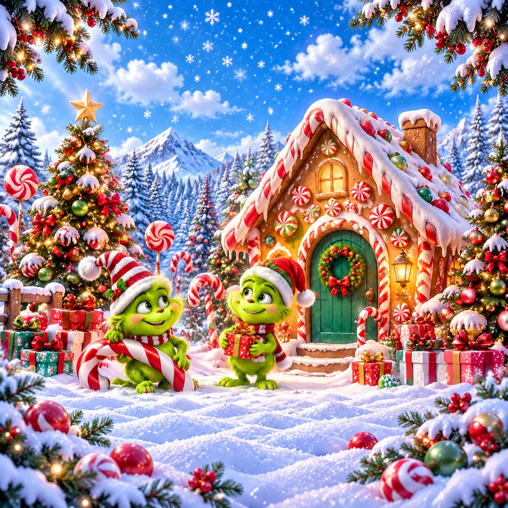 Grinch Backdrop Green Furry Candy Cottage Christmas Backdrops for Pictures LXX610-170