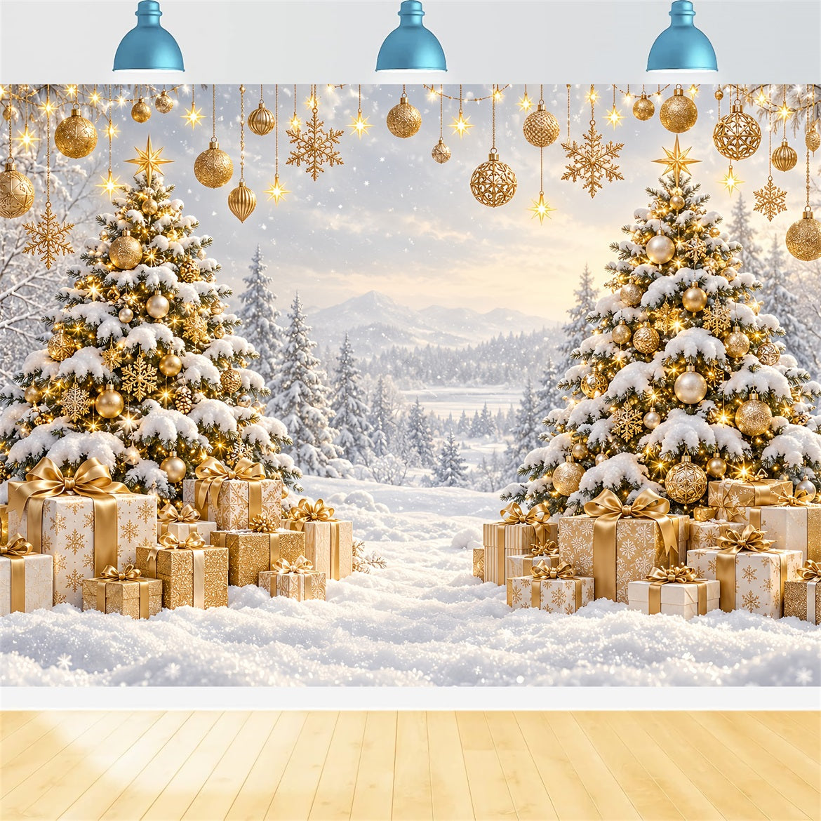 Christmas Backdrop for Photos Golden Sunset Snowy Forest Christmas Card Backdrop LXX610-171