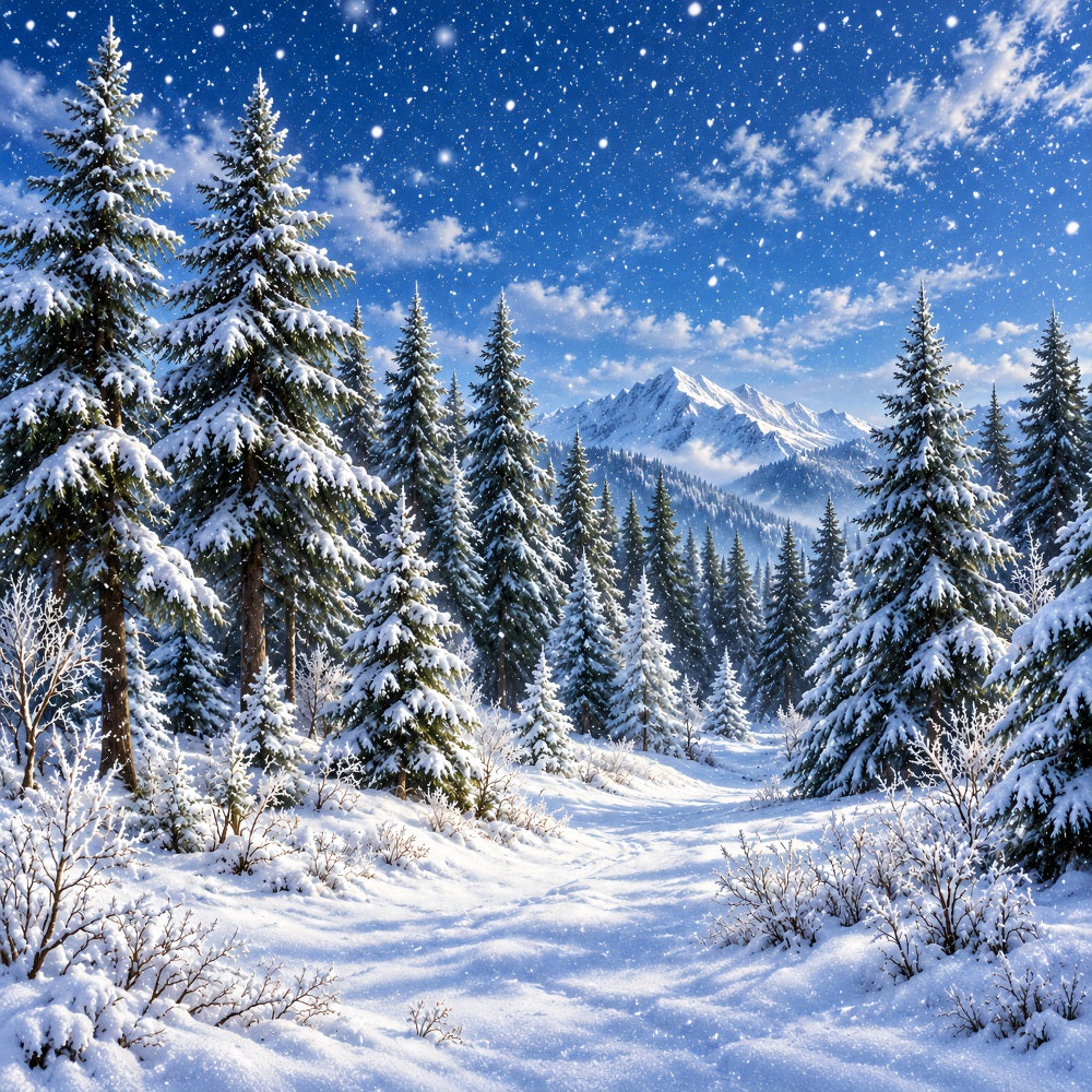 Christmas Tree Photography Backdrop Snowy Lantern Archway Path Christmas Backdrop Photo LXX610-173
