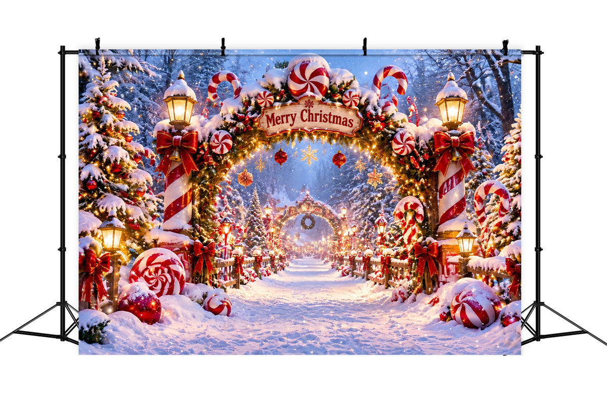 Christmas Candy Cane Backdrop Peppermint Wreath Snowy Gateway Christmas Backdrops for Stage LXX610-176