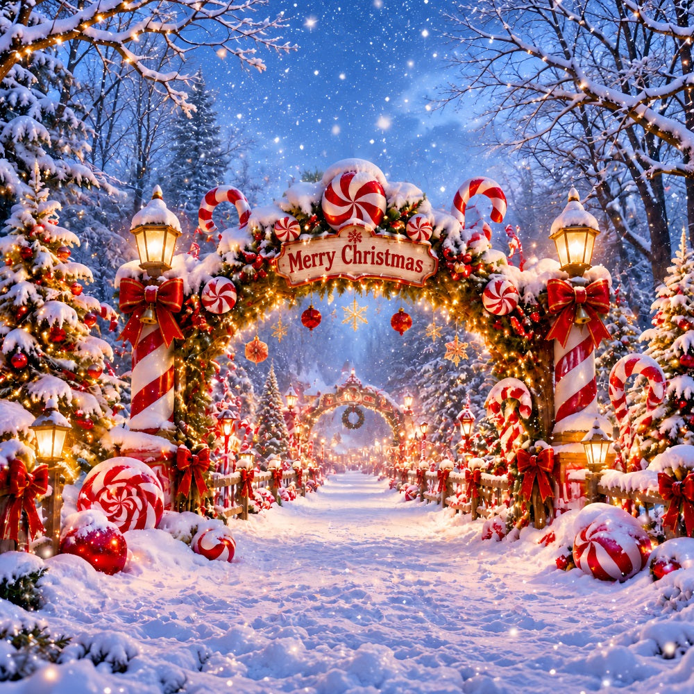 Christmas Candy Cane Backdrop Peppermint Wreath Snowy Gateway Christmas Backdrops for Stage LXX610-176