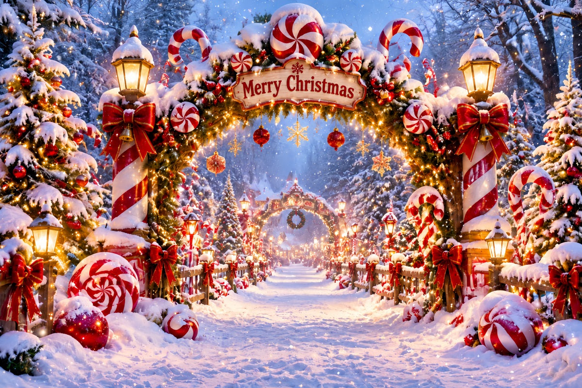 Christmas Candy Cane Backdrop Peppermint Wreath Snowy Gateway Christmas Backdrops for Stage LXX610-176