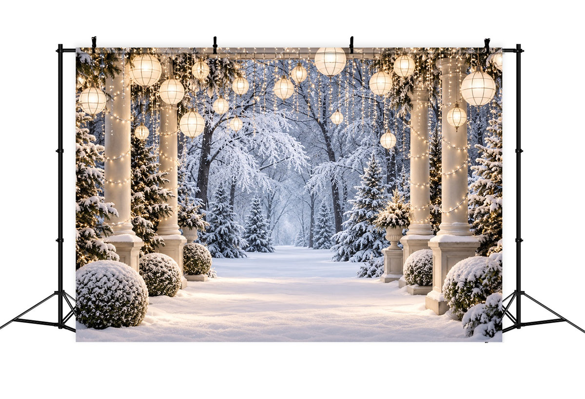 Christmas Forest Backdrop Snowy Lantern Column Walkway Christmas Portrait Backdrop LXX610-177