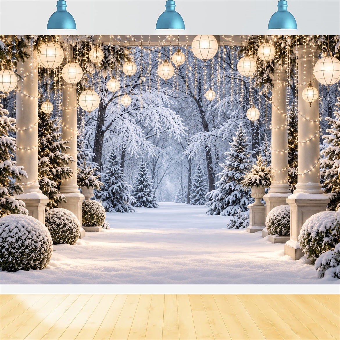 Christmas Forest Backdrop Snowy Lantern Column Walkway Christmas Portrait Backdrop LXX610-177