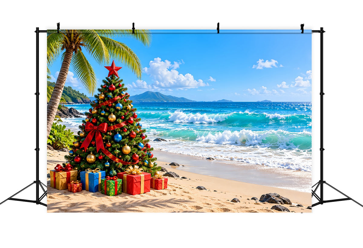 Christmas Tree Backdrops Tropical Beach Holiday Palms Christmas Themed Backdrop LXX610-179